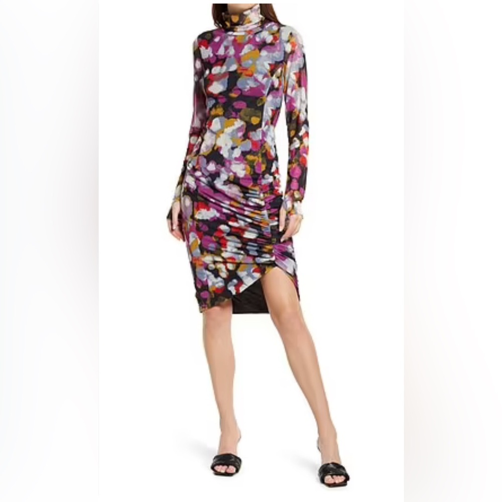 Open Edit Black Floral Painted Confetti Long Sleeve Ruched Mesh Dress Size Small